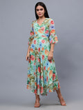 Frolic Rolic Multi-Color Floral Print V-Neck Chiffon 3/4 Sleeves Maxi Dress