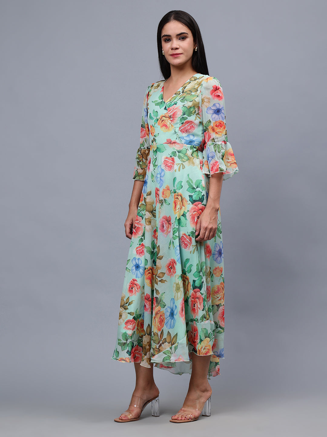 Frolic Rolic Multi-Color Floral Print V-Neck Chiffon 3/4 Sleeves Maxi Dress