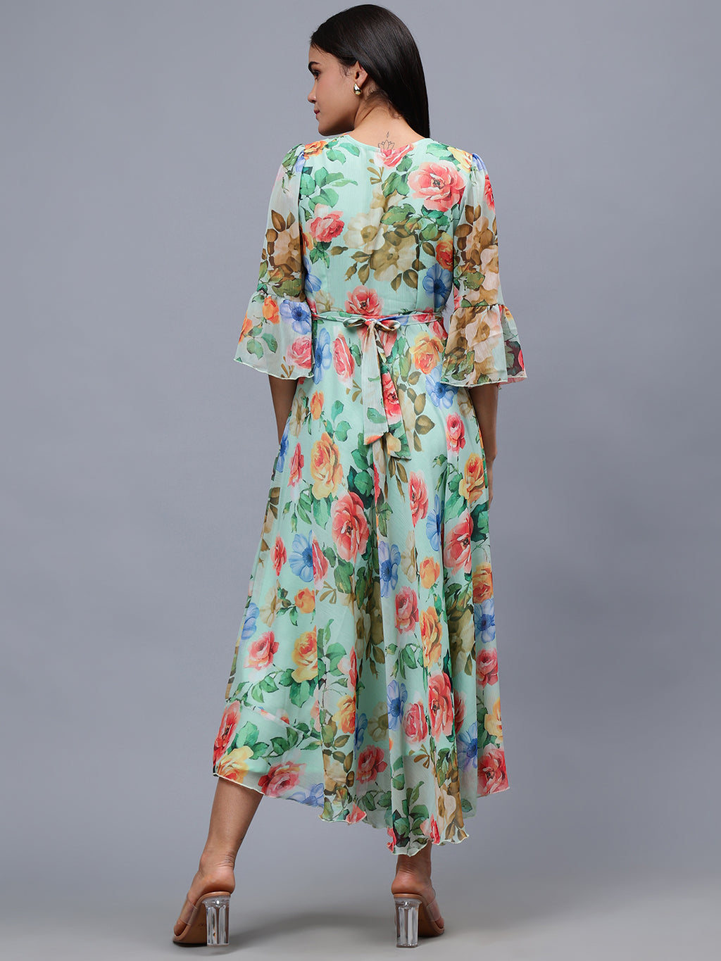 Frolic Rolic Multi-Color Floral Print V-Neck Chiffon 3/4 Sleeves Maxi Dress