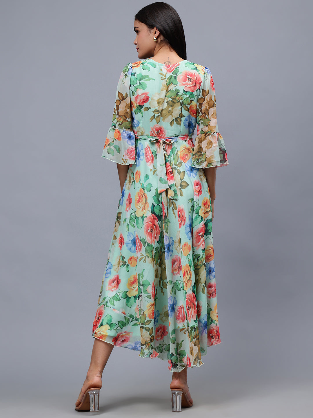 Frolic Rolic Multi-Color Floral Print V-Neck Chiffon 3/4 Sleeves Maxi Dress