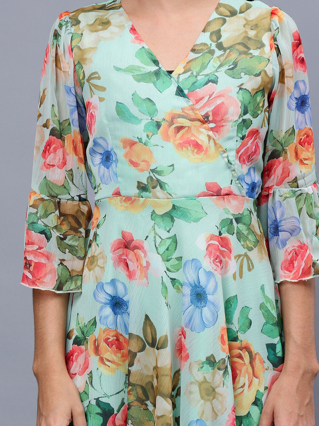 Frolic Rolic Multi-Color Floral Print V-Neck Chiffon 3/4 Sleeves Maxi Dress