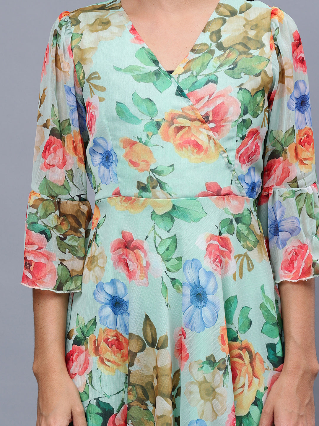 Frolic Rolic Multi-Color Floral Print V-Neck Chiffon 3/4 Sleeves Maxi Dress