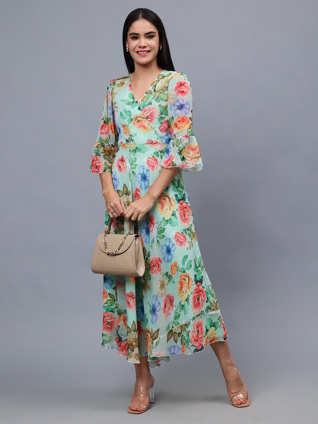 Frolic Rolic Multi-Color Floral Print V-Neck Chiffon 3/4 Sleeves Maxi Dress