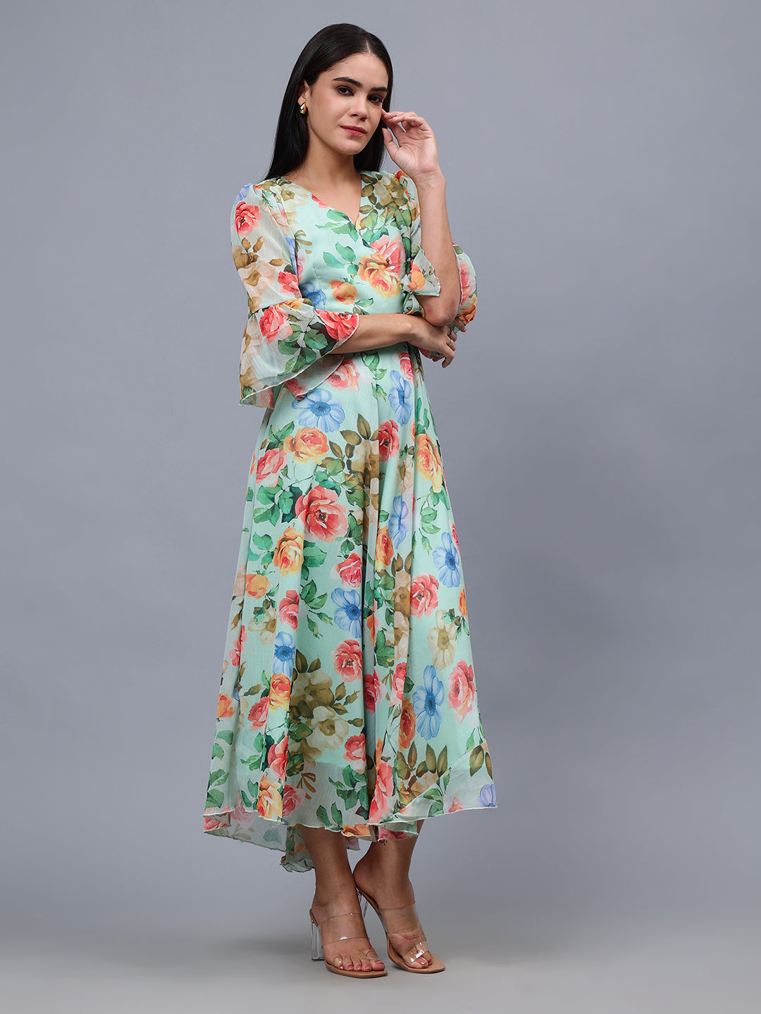 Frolic Rolic Multi-Color Floral Print V-Neck Chiffon 3/4 Sleeves Maxi Dress