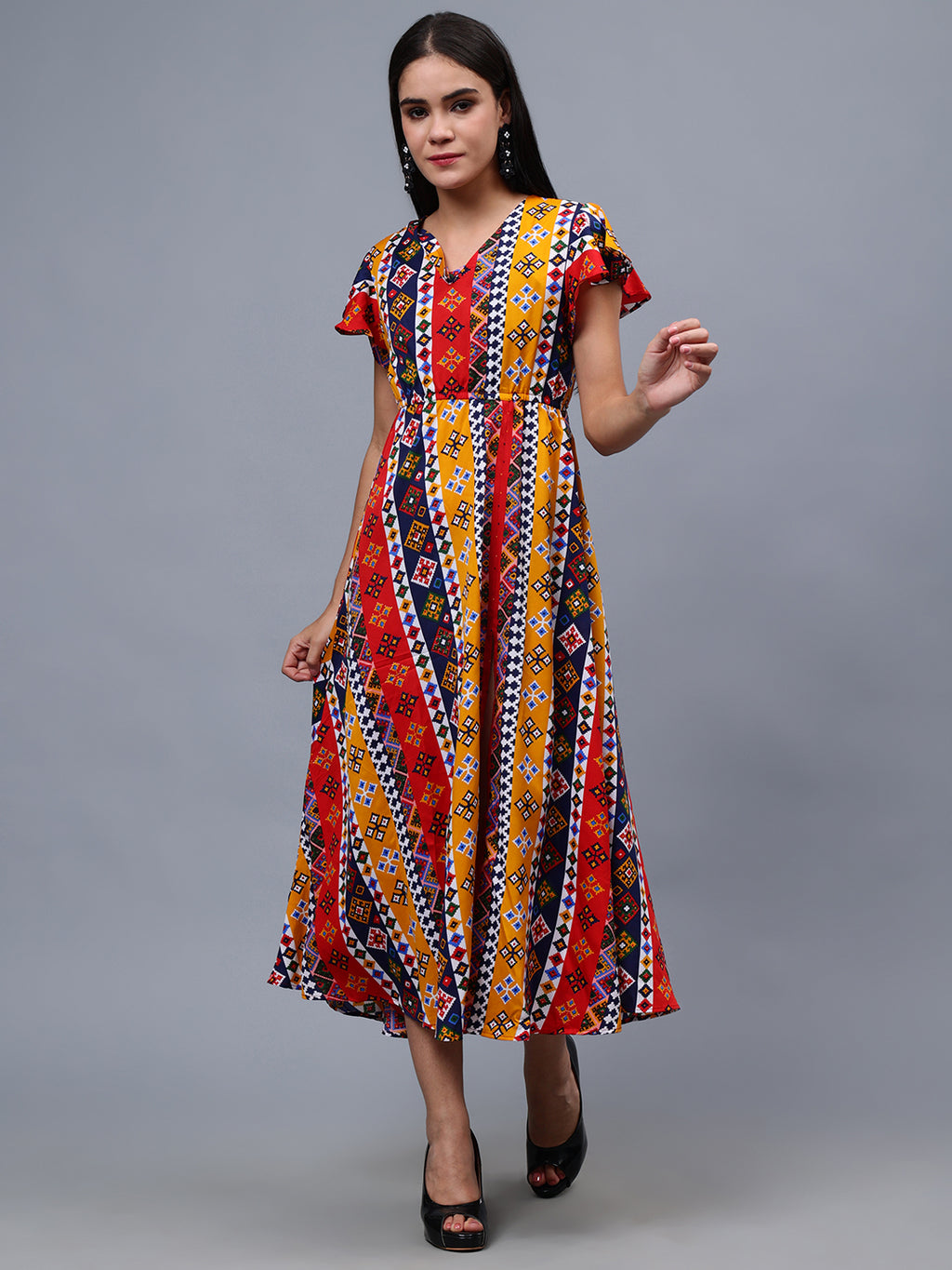 Frolic Rolic Multi-Color Geometric Print V-Neck Polyester Short Sleeves Maxi Dress