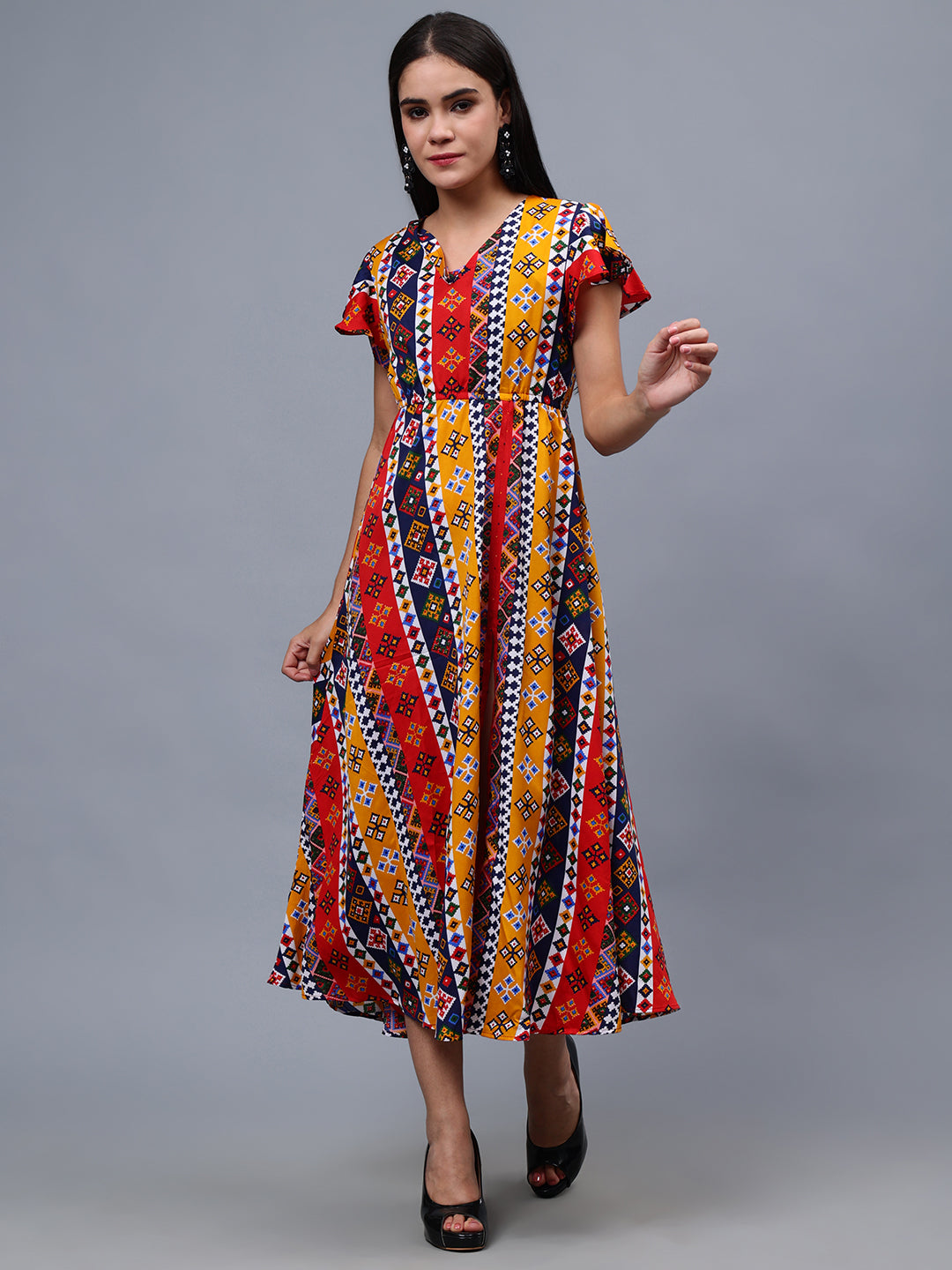 Frolic Rolic Multi-Color Geometric Print V-Neck Polyester Short Sleeves Maxi Dress