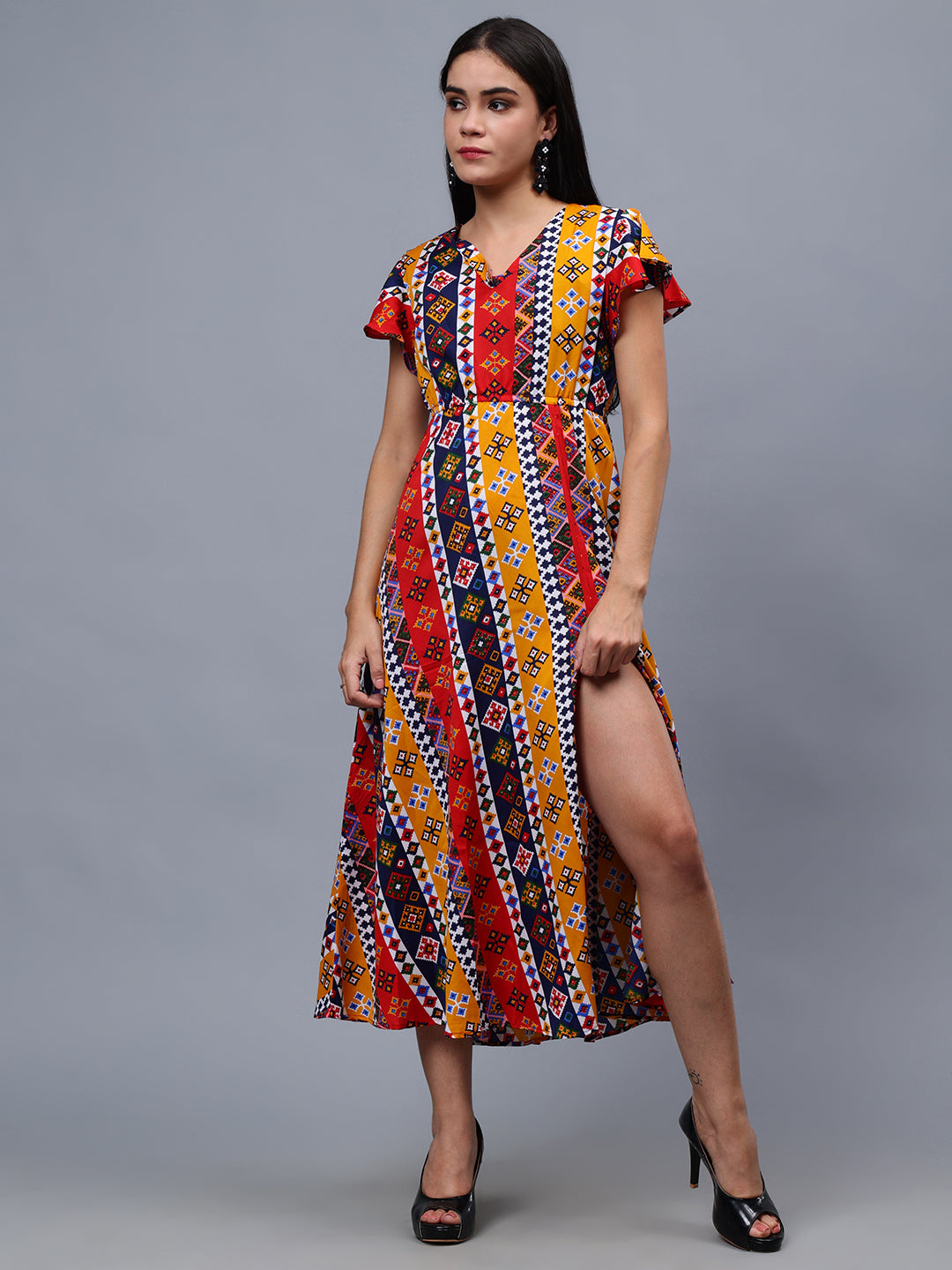 Frolic Rolic Multi-Color Geometric Print V-Neck Polyester Short Sleeves Maxi Dress
