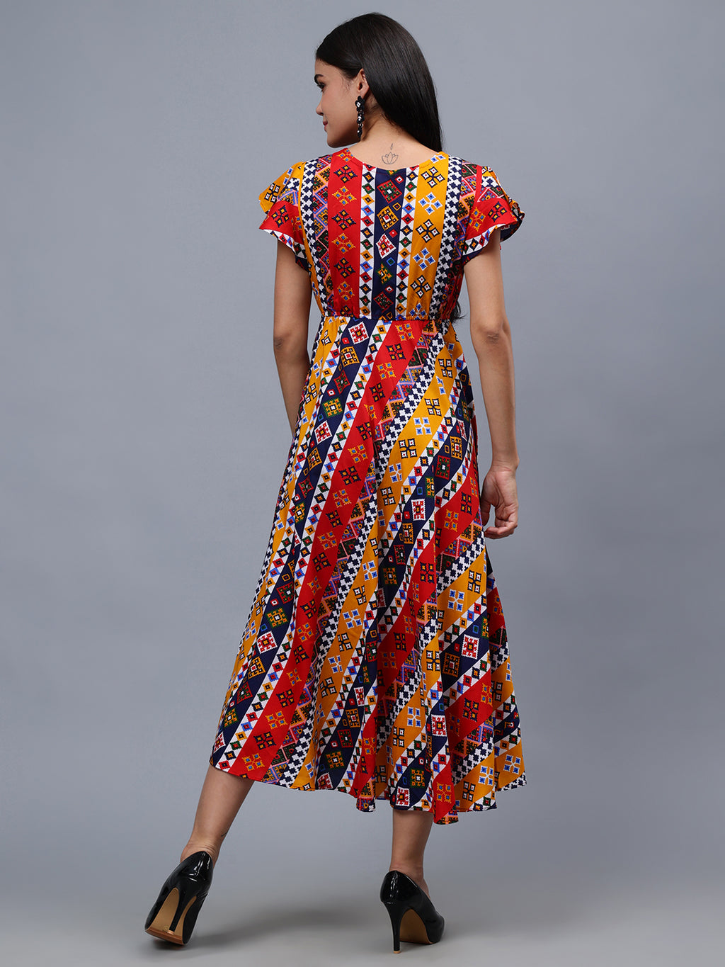 Frolic Rolic Multi-Color Geometric Print V-Neck Polyester Short Sleeves Maxi Dress