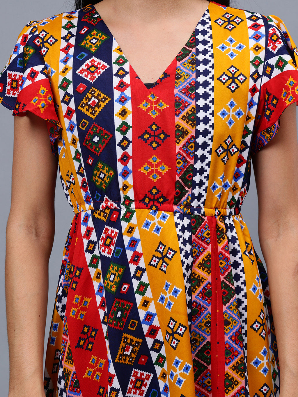 Frolic Rolic Multi-Color Geometric Print V-Neck Polyester Short Sleeves Maxi Dress