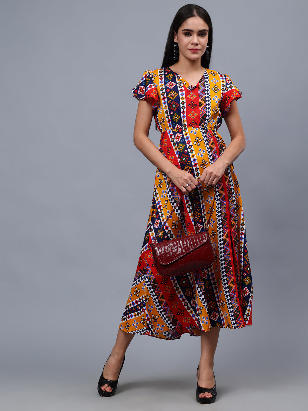 Frolic Rolic Multi-Color Geometric Print V-Neck Polyester Short Sleeves Maxi Dress