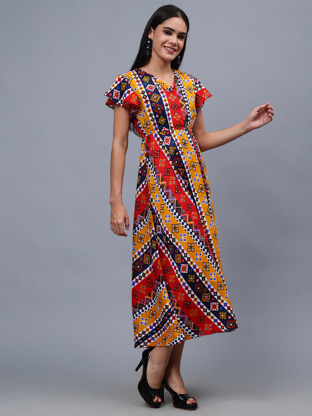 Frolic Rolic Multi-Color Geometric Print V-Neck Polyester Short Sleeves Maxi Dress
