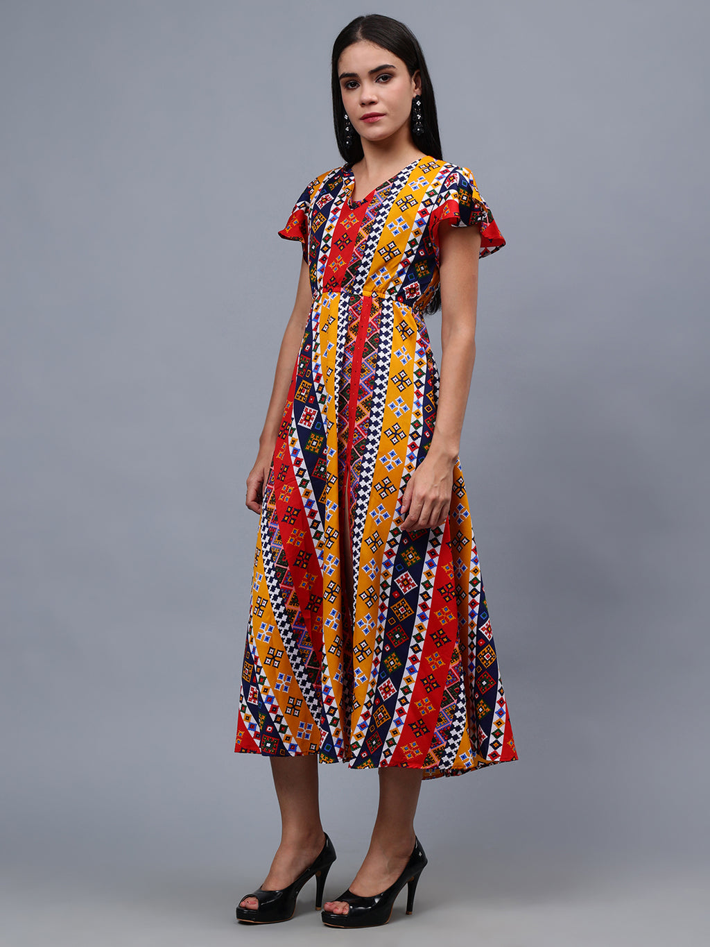 Frolic Rolic Multi-Color Geometric Print V-Neck Polyester Short Sleeves Maxi Dress