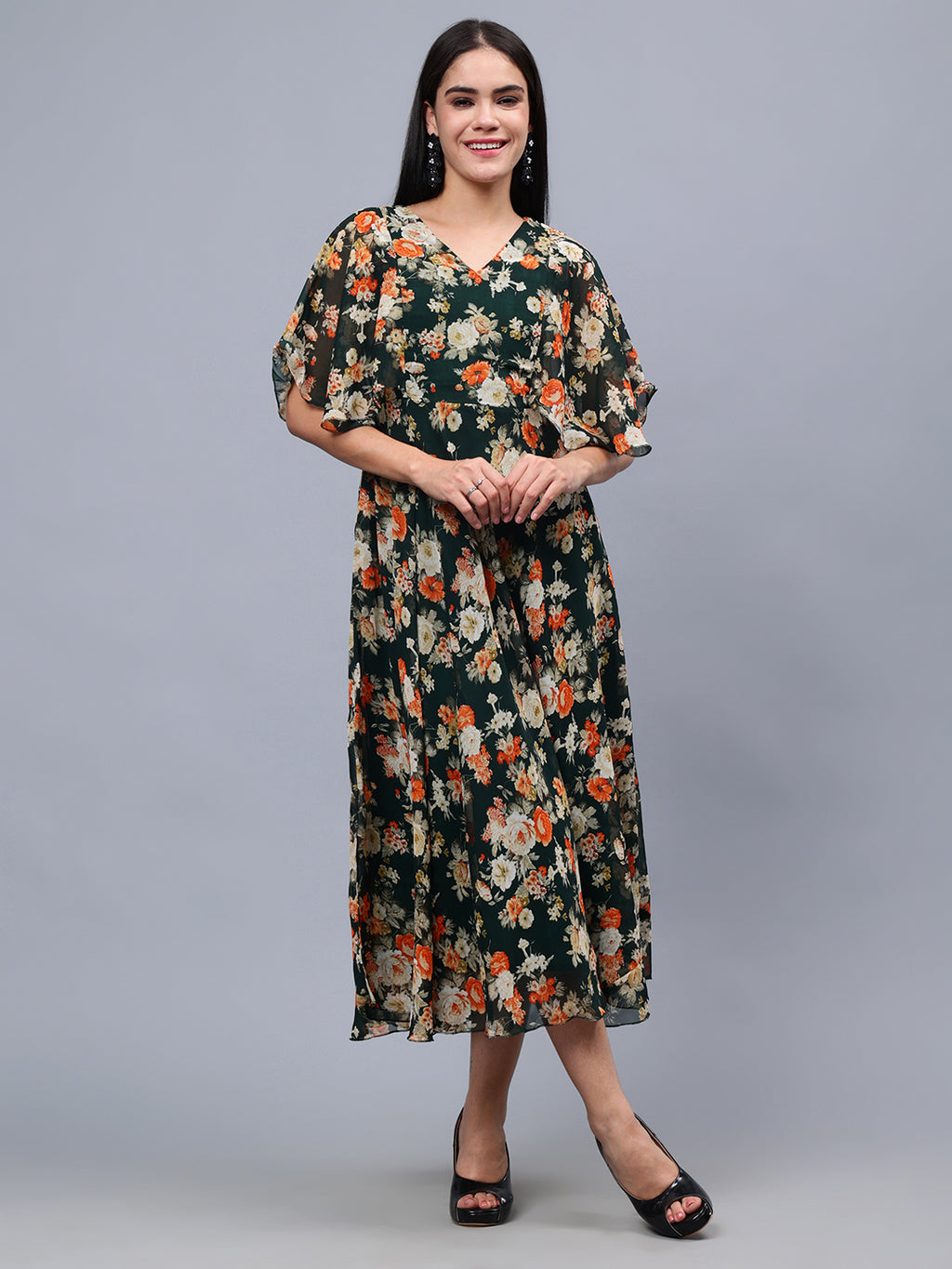 Frolic Rolic Bottle Green Floral Print V-Neck Flared Short Sleeves Georgette Maxi Dress