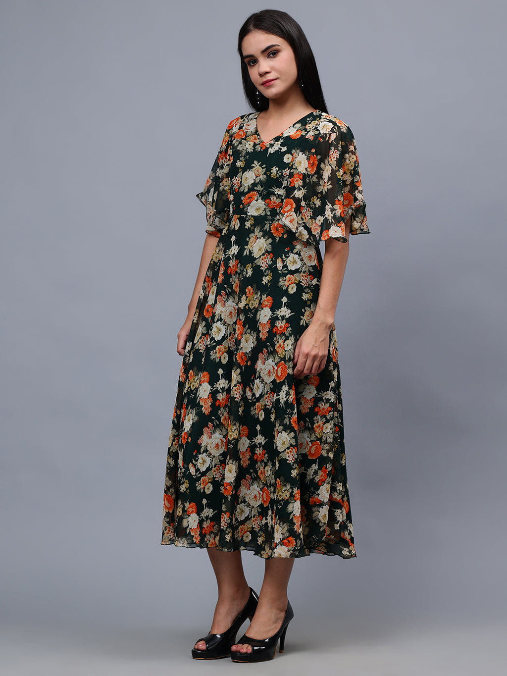 Frolic Rolic Bottle Green Floral Print V-Neck Flared Short Sleeves Georgette Maxi Dress