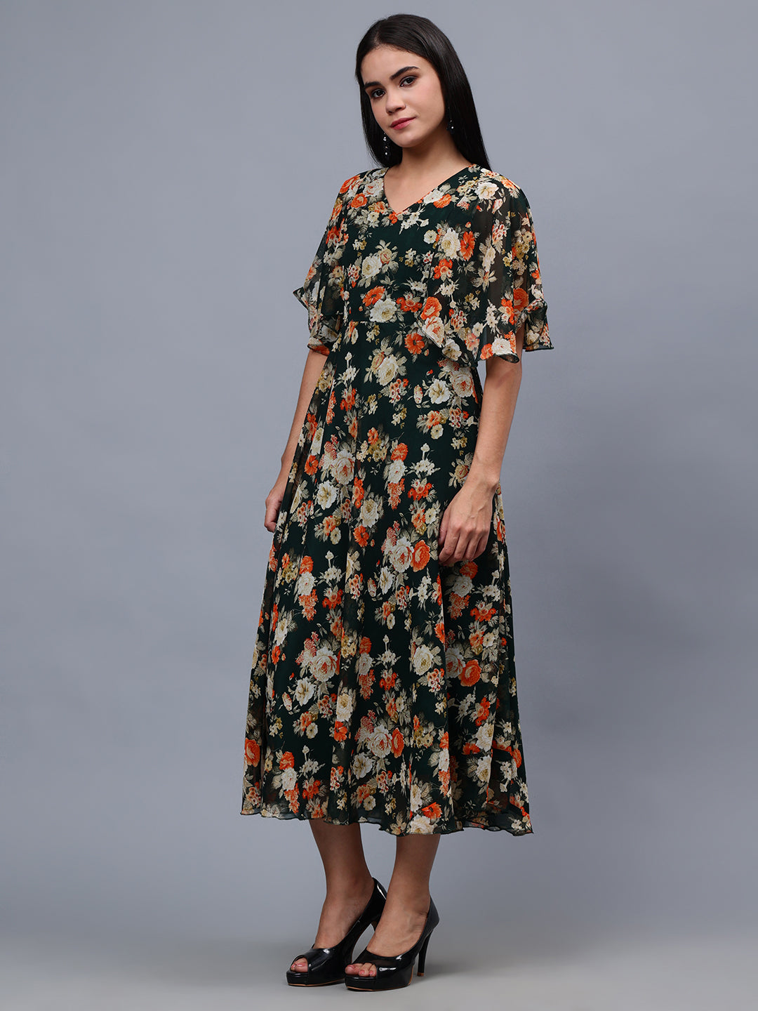Frolic Rolic Bottle Green Floral Print V-Neck Flared Short Sleeves Georgette Maxi Dress