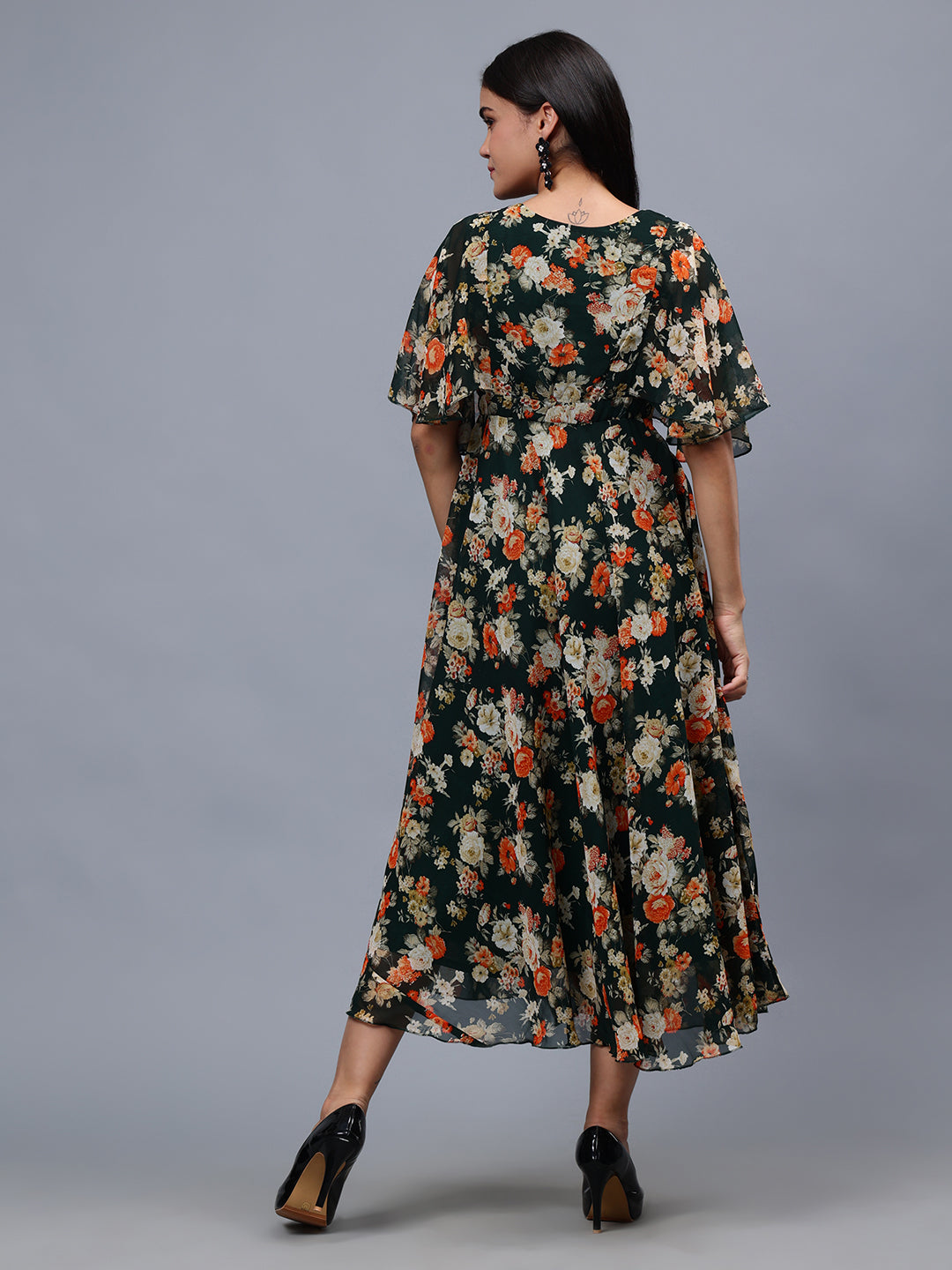 Frolic Rolic Bottle Green Floral Print V-Neck Flared Short Sleeves Georgette Maxi Dress
