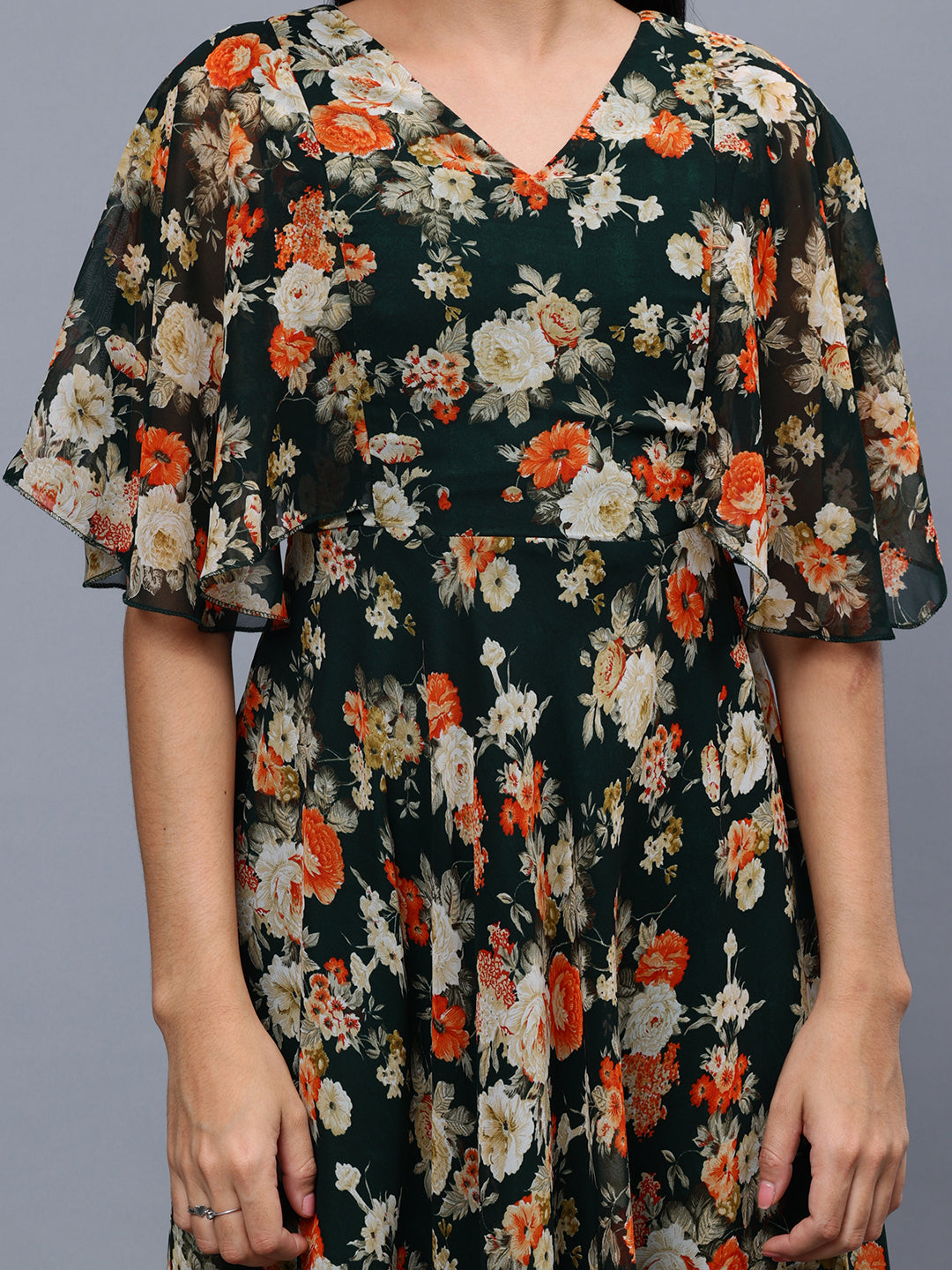 Frolic Rolic Bottle Green Floral Print V-Neck Flared Short Sleeves Georgette Maxi Dress