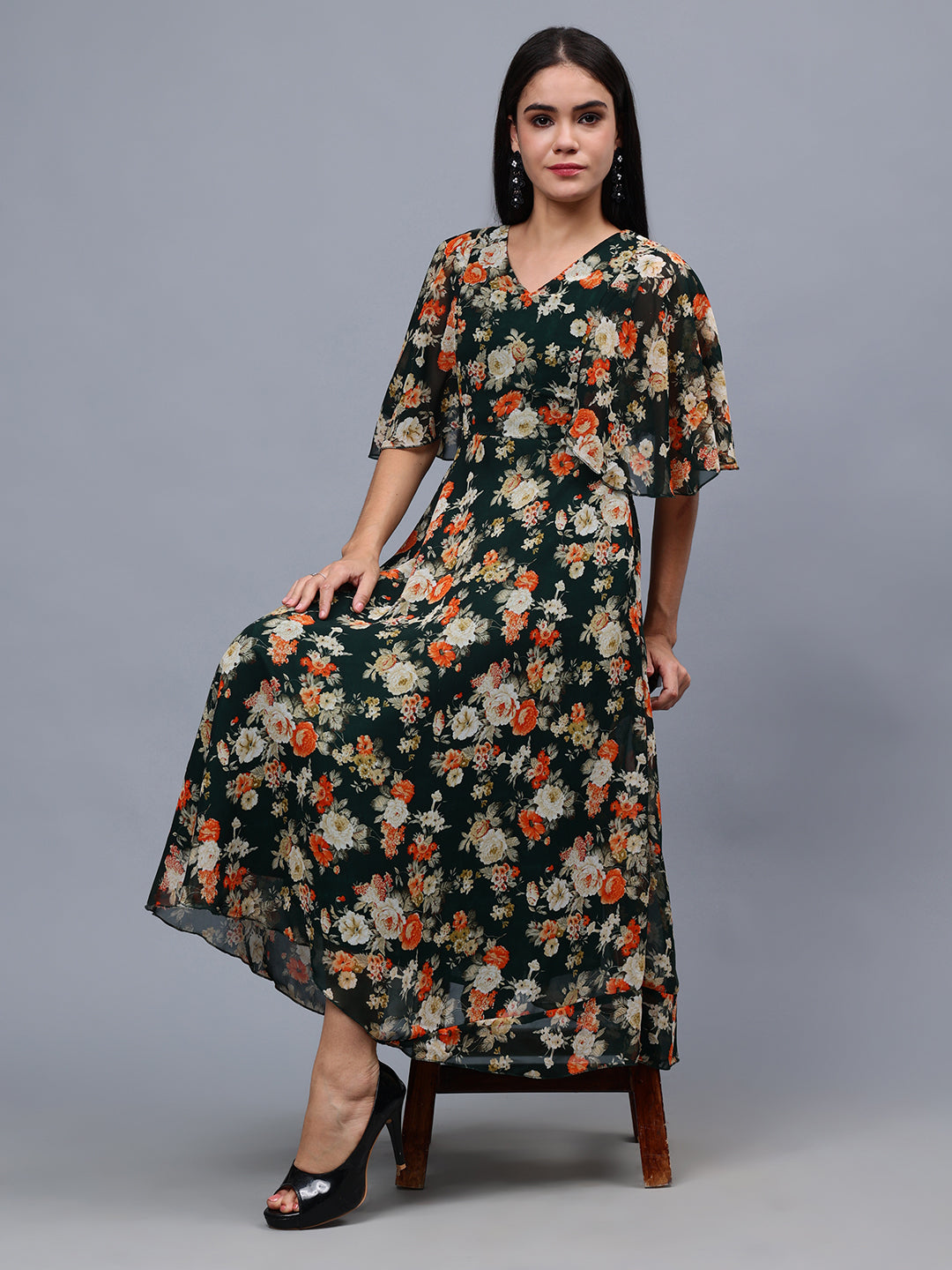 Frolic Rolic Bottle Green Floral Print V-Neck Flared Short Sleeves Georgette Maxi Dress
