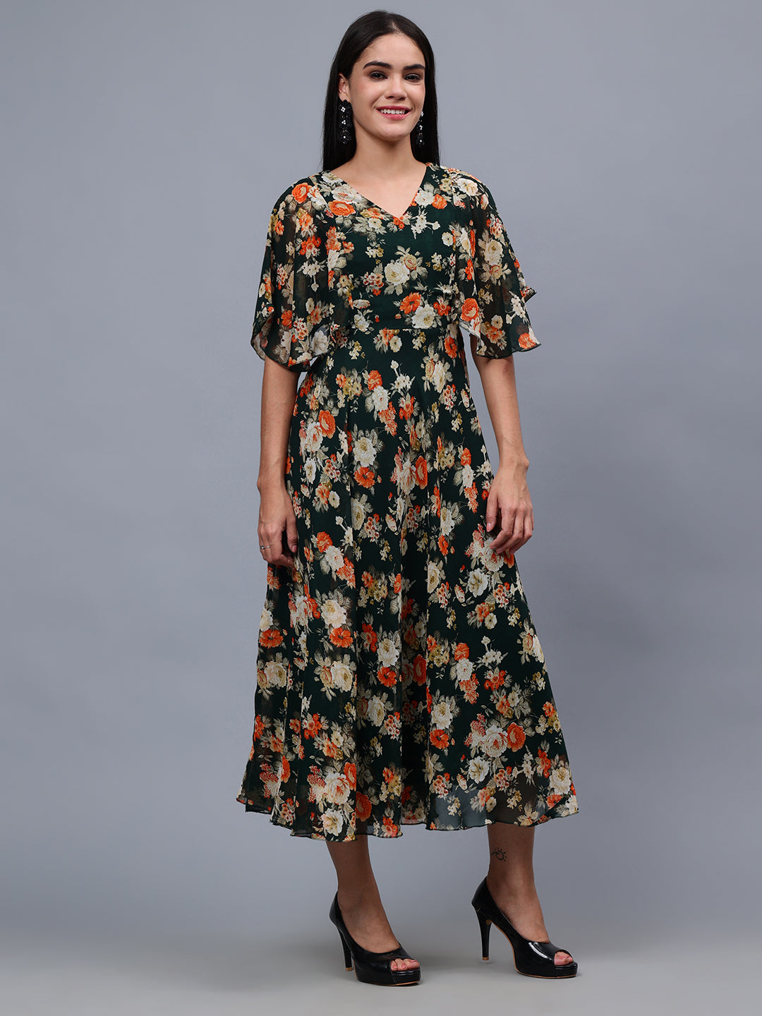 Frolic Rolic Bottle Green Floral Print V-Neck Flared Short Sleeves Georgette Maxi Dress