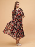 Frolic Rolic Brown Floral Print V-Neck Flared Short Sleeves Georgette Maxi Dress