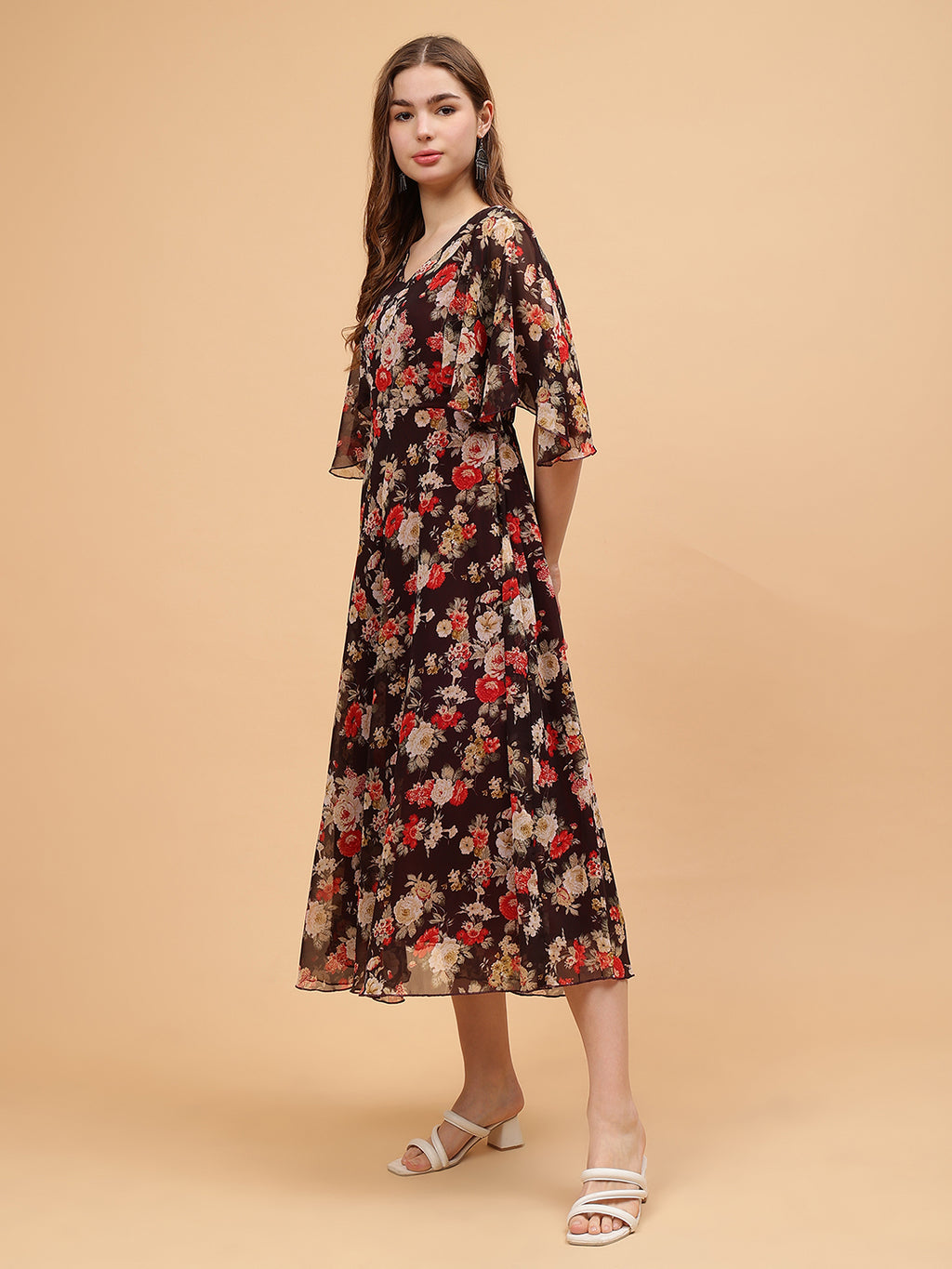 Frolic Rolic Brown Floral Print V-Neck Flared Short Sleeves Georgette Maxi Dress