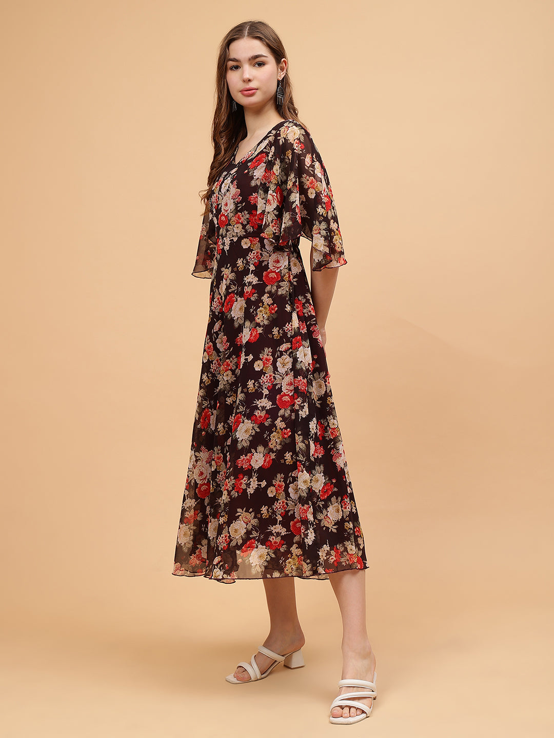 Frolic Rolic Brown Floral Print V-Neck Flared Short Sleeves Georgette Maxi Dress