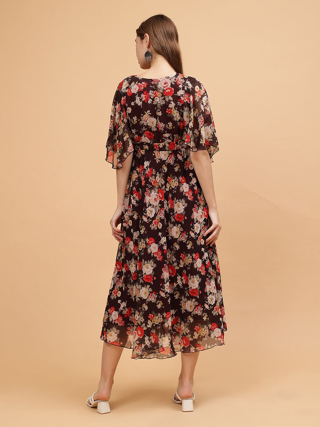 Frolic Rolic Brown Floral Print V-Neck Flared Short Sleeves Georgette Maxi Dress