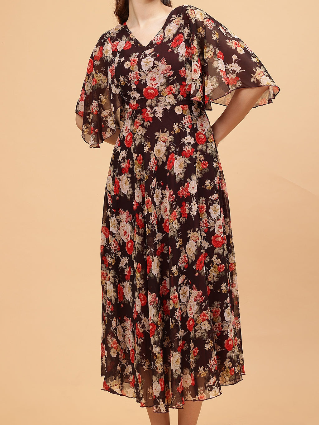 Frolic Rolic Brown Floral Print V-Neck Flared Short Sleeves Georgette Maxi Dress
