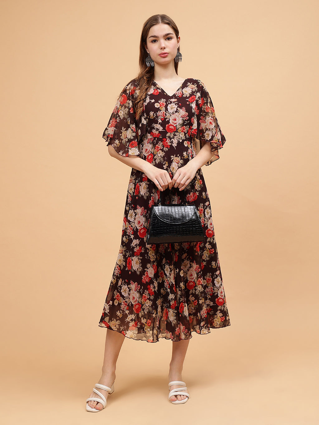 Frolic Rolic Brown Floral Print V-Neck Flared Short Sleeves Georgette Maxi Dress