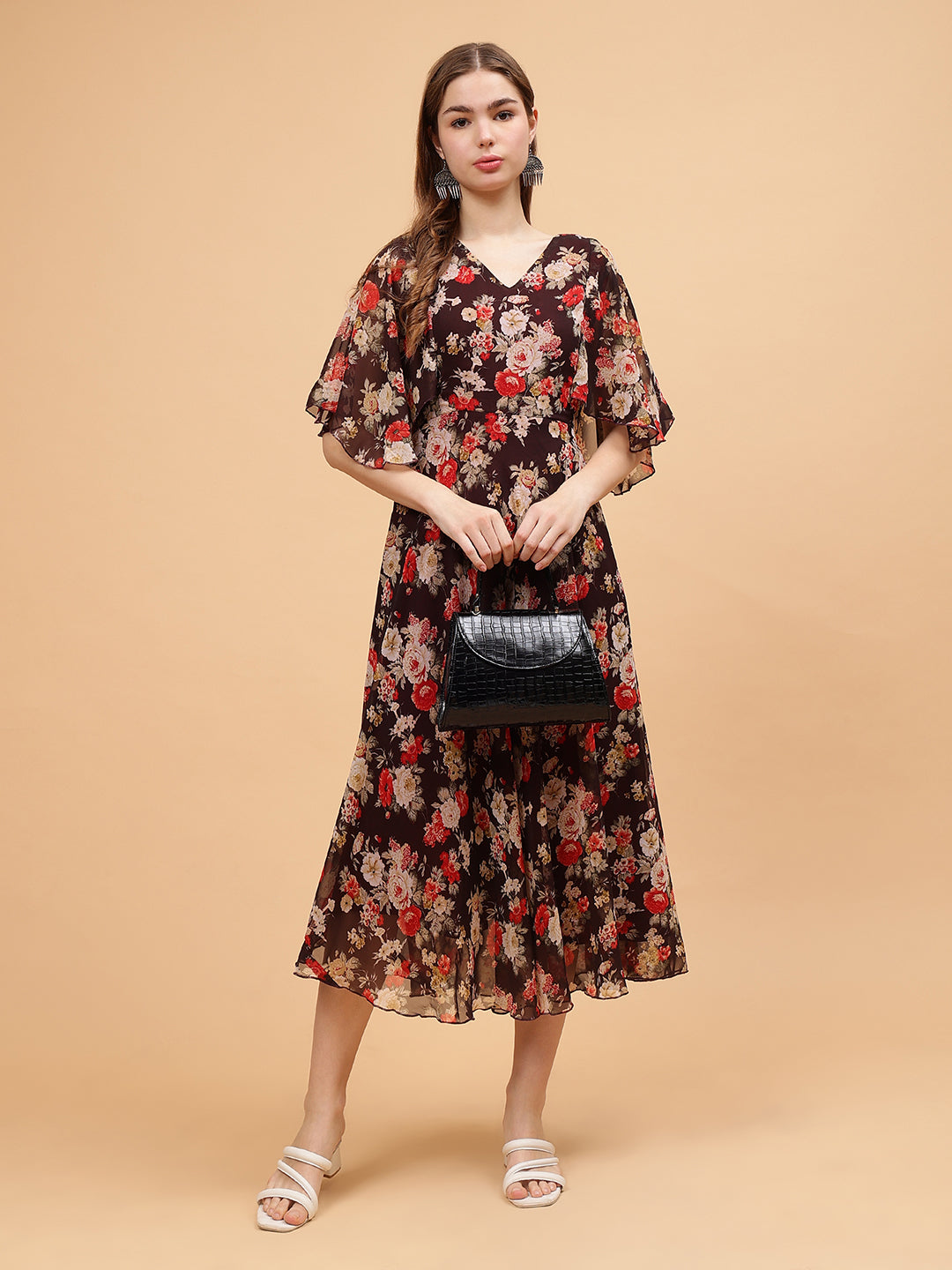 Frolic Rolic Brown Floral Print V-Neck Flared Short Sleeves Georgette Maxi Dress