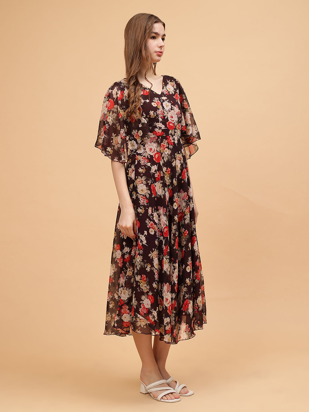 Frolic Rolic Brown Floral Print V-Neck Flared Short Sleeves Georgette Maxi Dress
