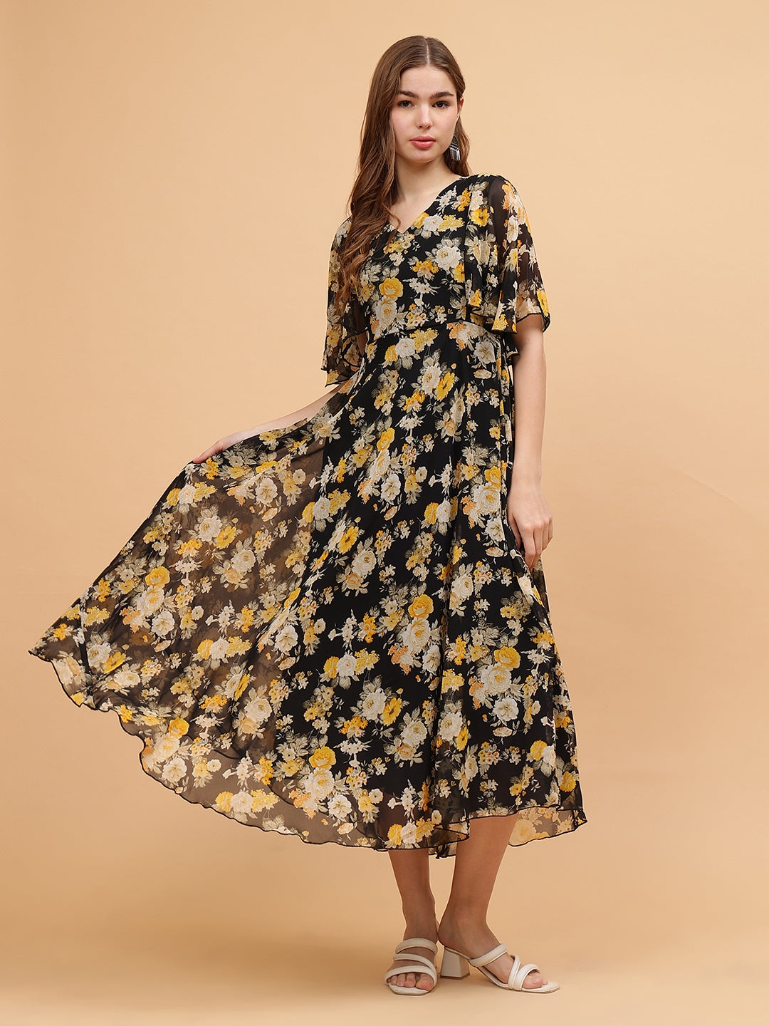 Frolic Rolic Black Floral Print V-Neck Flared Short Sleeves Georgette Maxi Dress