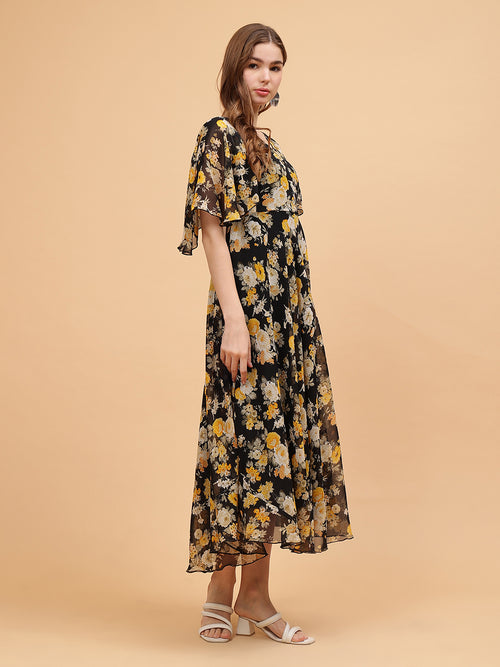 Frolic Rolic Black Floral Print V-Neck Flared Short Sleeves Georgette Maxi Dress