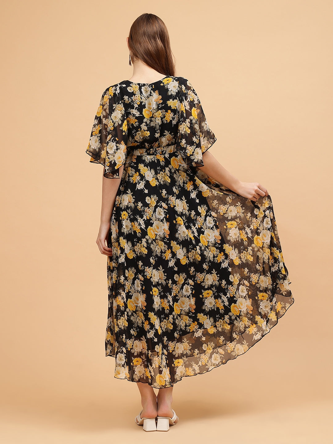 Frolic Rolic Black Floral Print V-Neck Flared Short Sleeves Georgette Maxi Dress