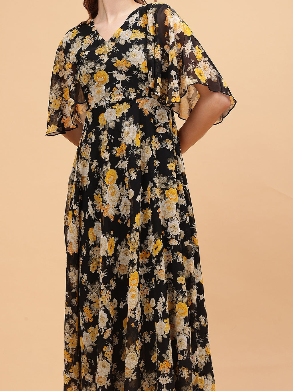 Frolic Rolic Black Floral Print V-Neck Flared Short Sleeves Georgette Maxi Dress