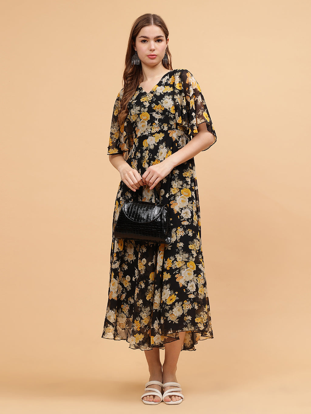 Frolic Rolic Black Floral Print V-Neck Flared Short Sleeves Georgette Maxi Dress