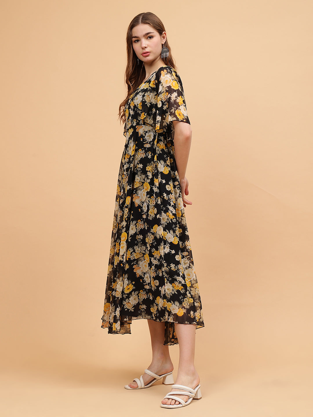 Frolic Rolic Black Floral Print V-Neck Flared Short Sleeves Georgette Maxi Dress