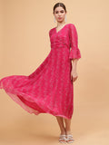 Frolic Rolic Pink Floral Print Embellished V-Neck Georgette Maxi Dress