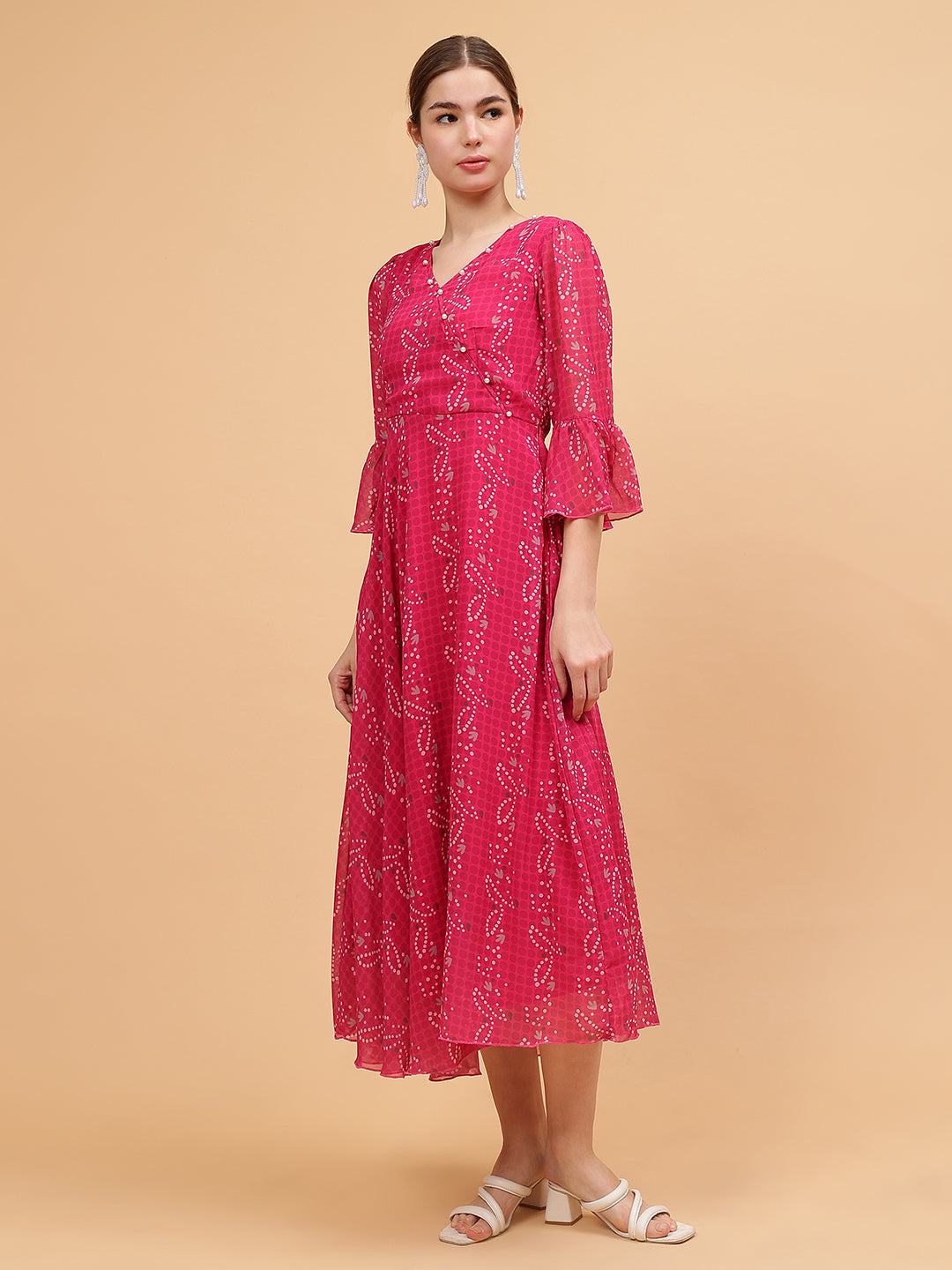 Frolic Rolic Pink Floral Print Embellished V-Neck Georgette Maxi Dress
