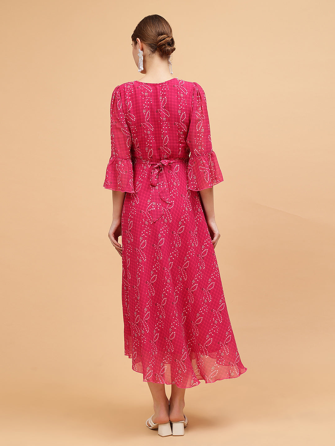 Frolic Rolic Pink Floral Print Embellished V-Neck Georgette Maxi Dress