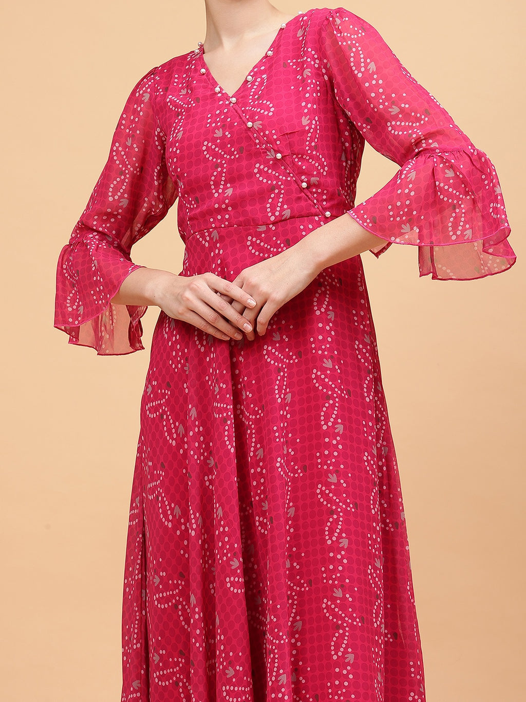 Frolic Rolic Pink Floral Print Embellished V-Neck Georgette Maxi Dress