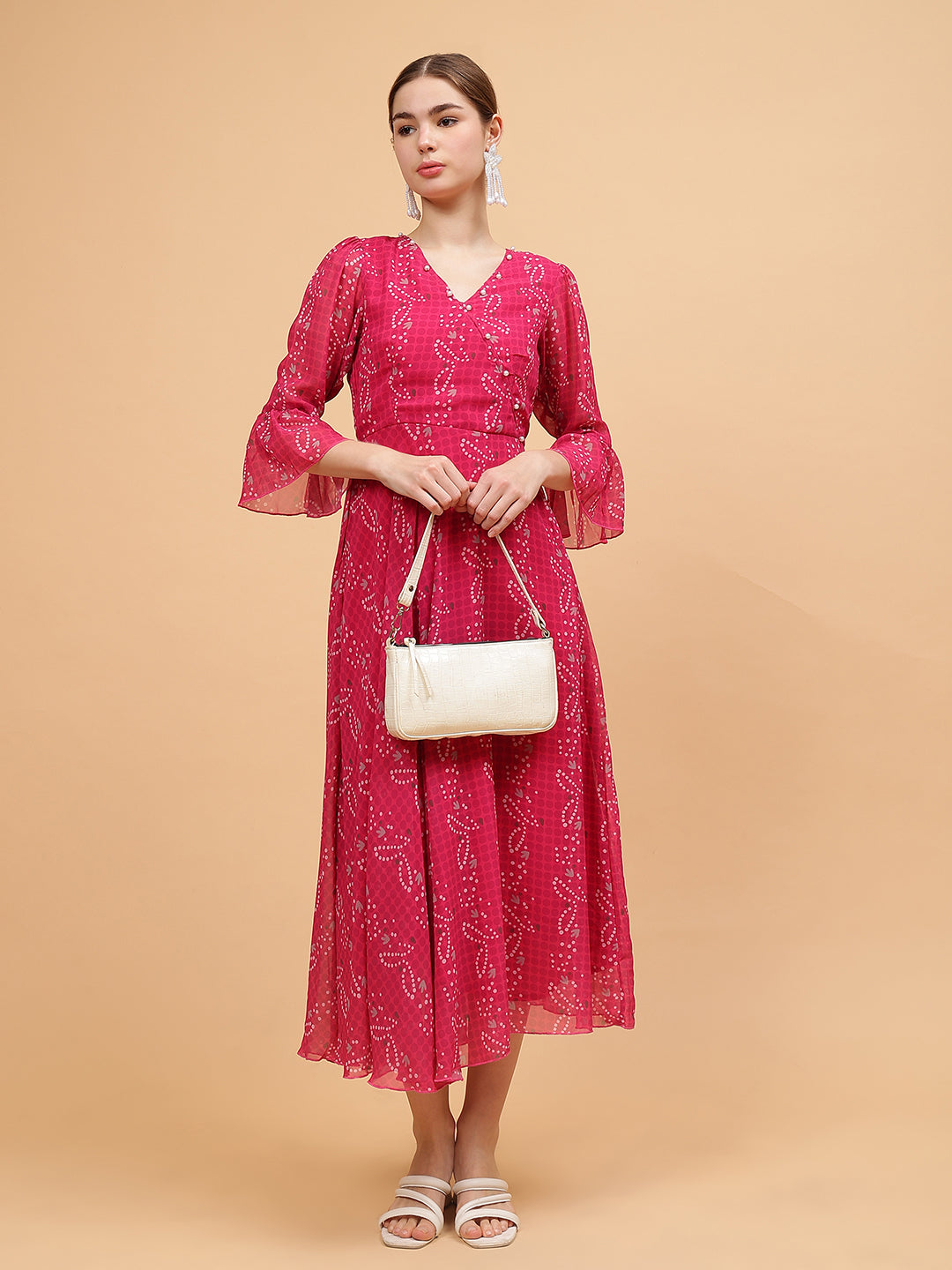 Frolic Rolic Pink Floral Print Embellished V-Neck Georgette Maxi Dress