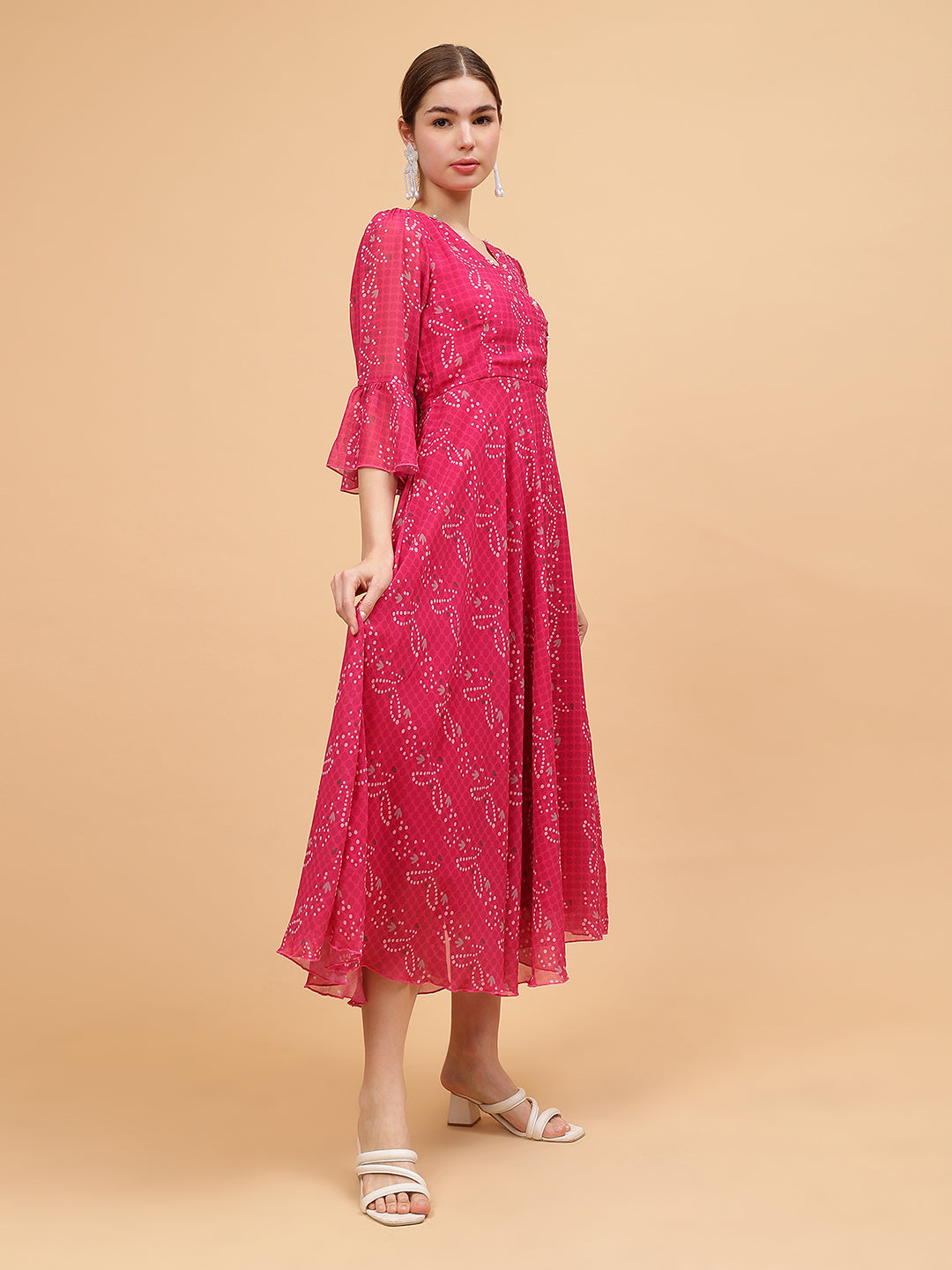 Frolic Rolic Pink Floral Print Embellished V-Neck Georgette Maxi Dress
