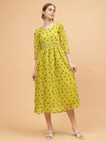 Frolic Rolic Lime Green Floral Print Round Neck Mirror Lace Embellish Gatthered Georgette Maxi Dress