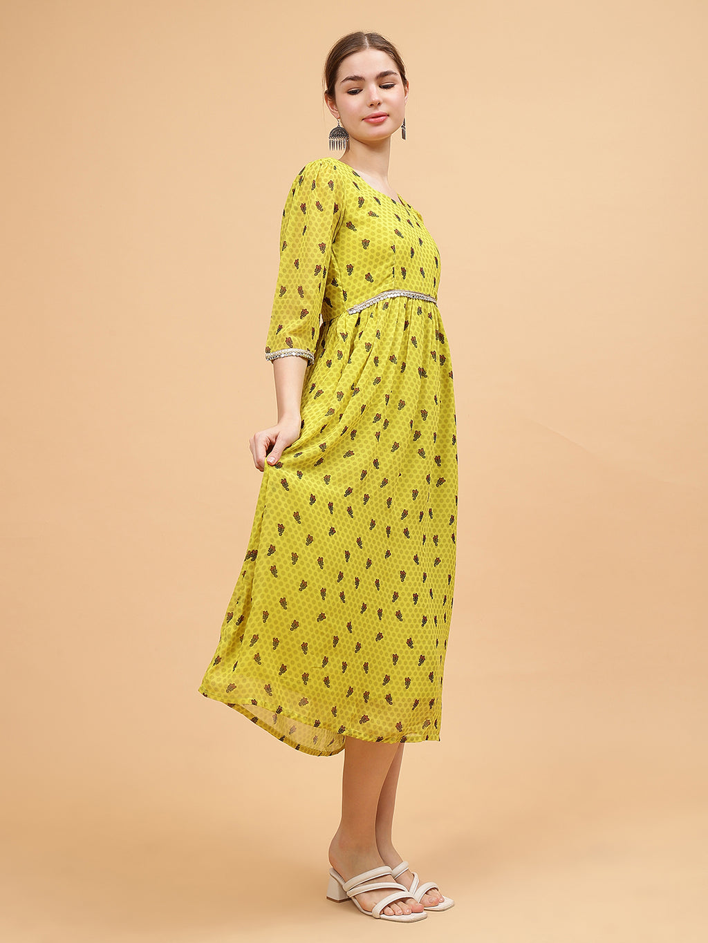 Frolic Rolic Lime Green Floral Print Round Neck Mirror Lace Embellish Gatthered Georgette Maxi Dress