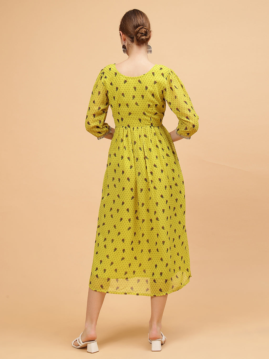 Frolic Rolic Lime Green Floral Print Round Neck Mirror Lace Embellish Gatthered Georgette Maxi Dress