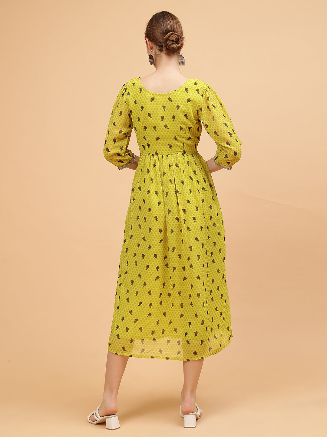 Frolic Rolic Lime Green Floral Print Round Neck Mirror Lace Embellish Gatthered Georgette Maxi Dress