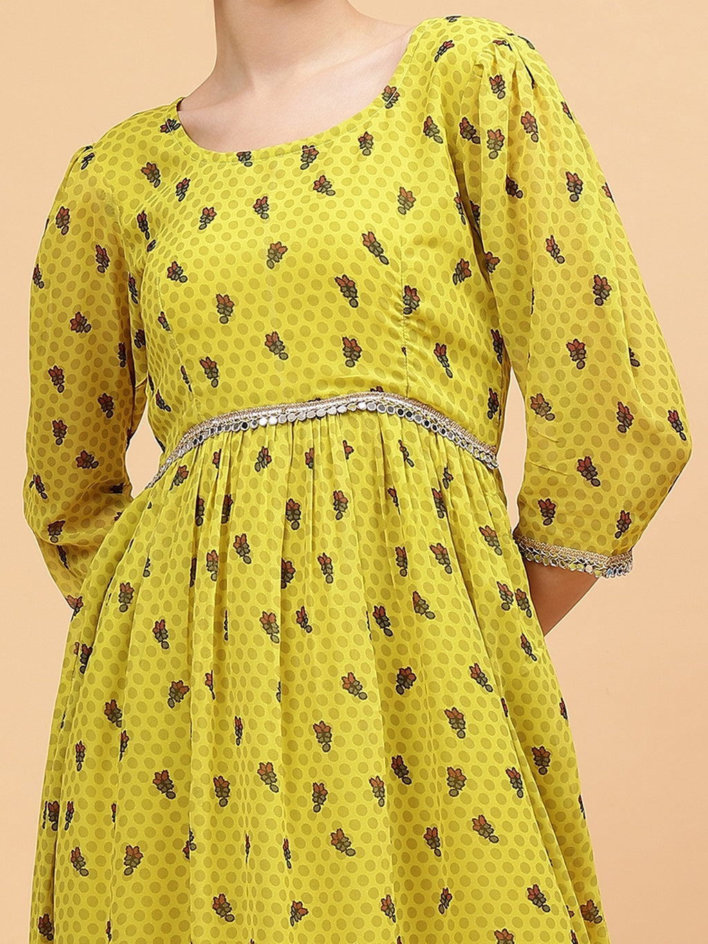 Frolic Rolic Lime Green Floral Print Round Neck Mirror Lace Embellish Gatthered Georgette Maxi Dress