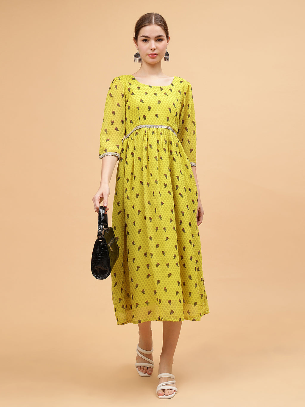 Frolic Rolic Lime Green Floral Print Round Neck Mirror Lace Embellish Gatthered Georgette Maxi Dress