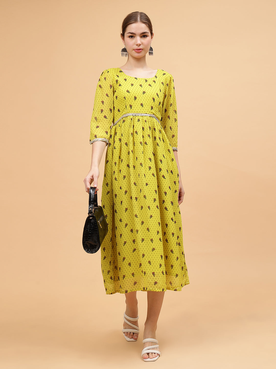 Frolic Rolic Lime Green Floral Print Round Neck Mirror Lace Embellish Gatthered Georgette Maxi Dress